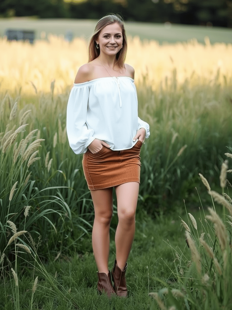 Boho fall outfit: Peasant top with corduroy skirt