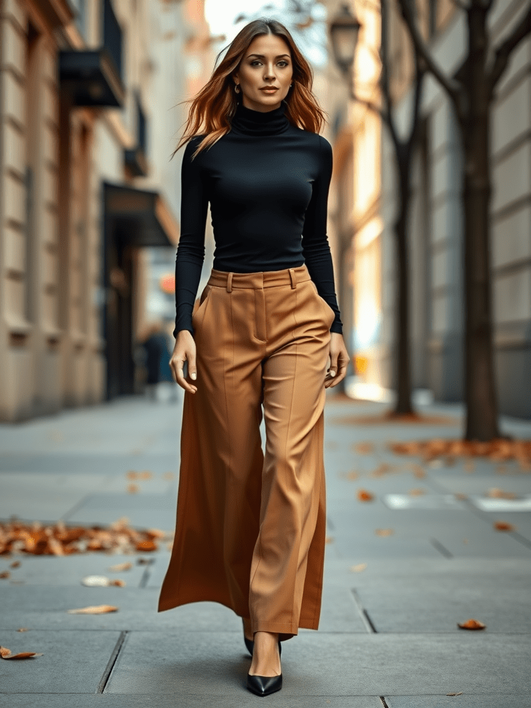 Woman in turtleneck bodysuit and wide-leg pants for sleek fall look