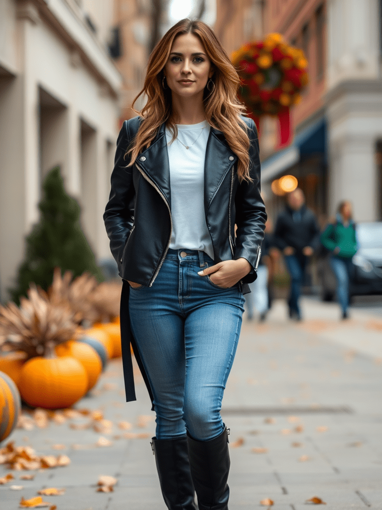 Woman in leather jacket and jeans for early fall street style