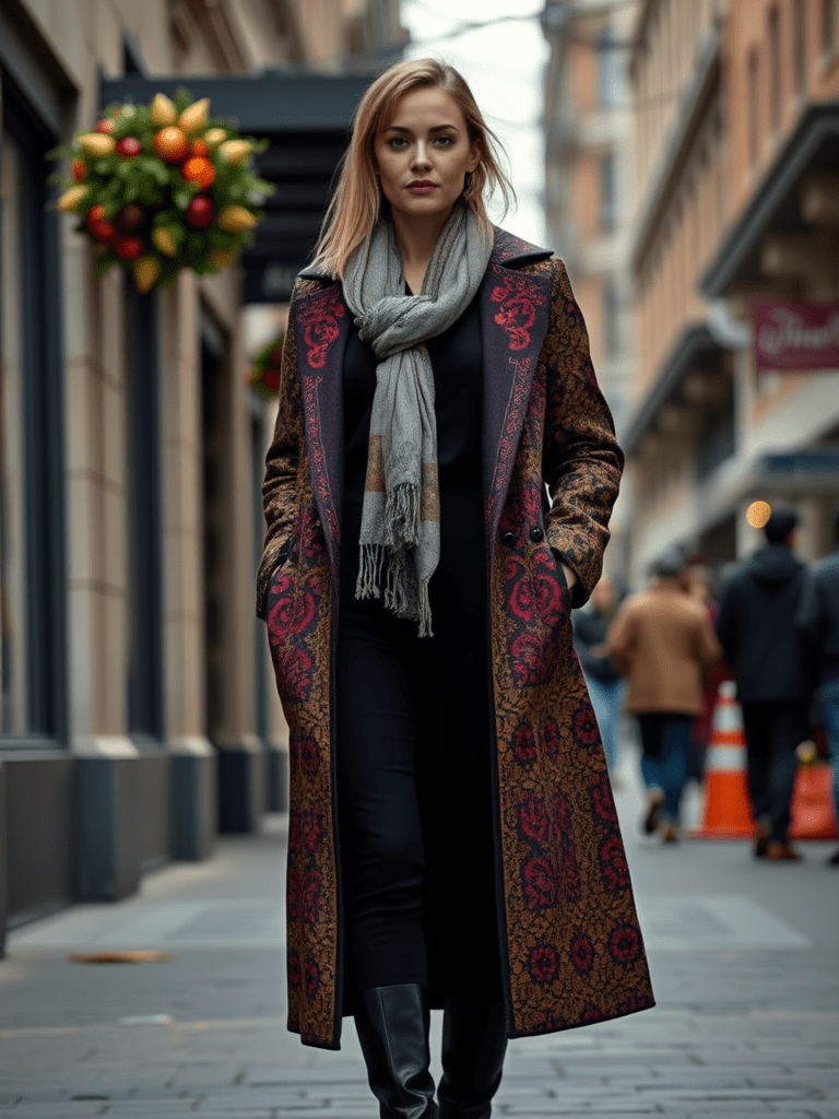 Boho fall outfit: Tapestry coat with skinny scarf