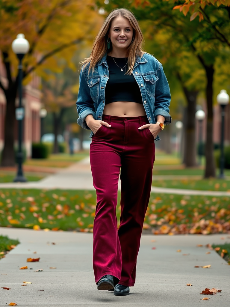 Woman in corduroy pants and crop top for youthful fall style