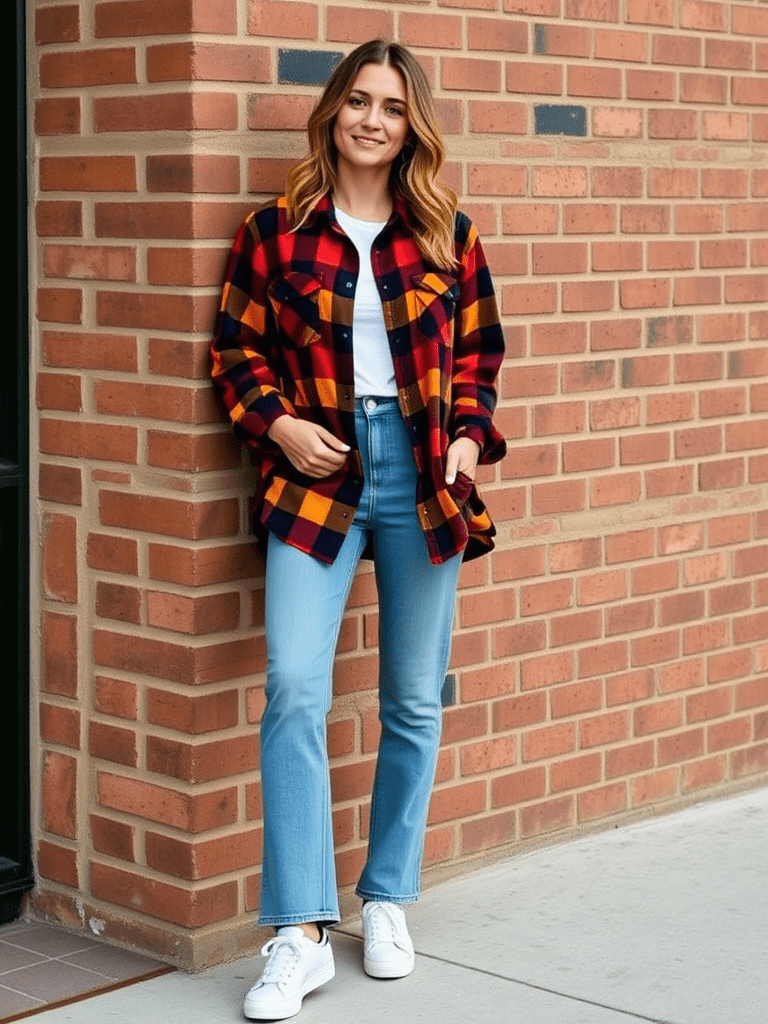90s grunge fall outfit: oversized plaid shirt and mom jeans