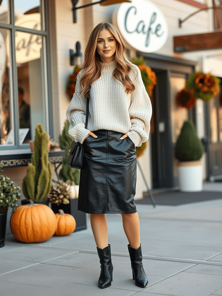 Woman in leather skirt and chunky sweater for edgy fall fashion