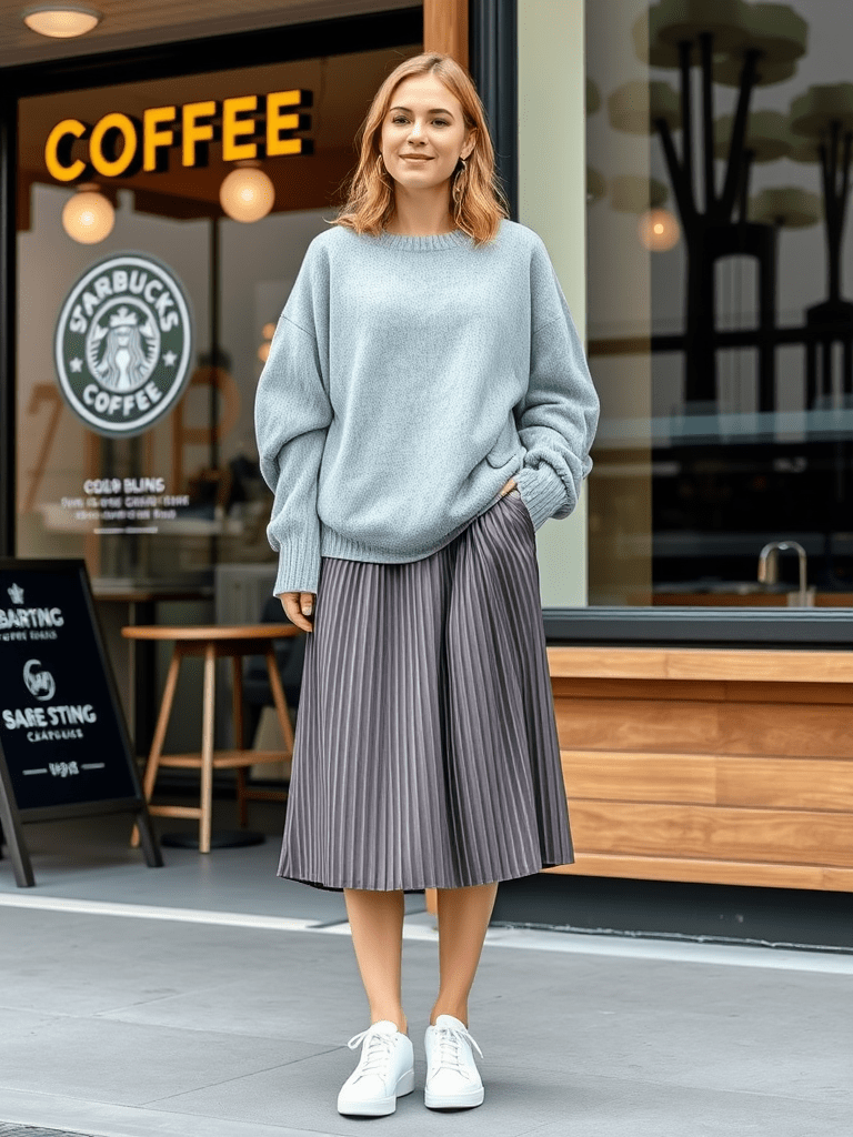 Woman in slouchy sweater and midi skirt for comfortable fall look
