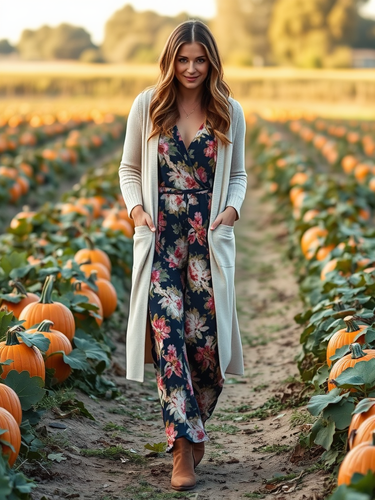Boho fall outfit: Boho print jumpsuit with cardigan
