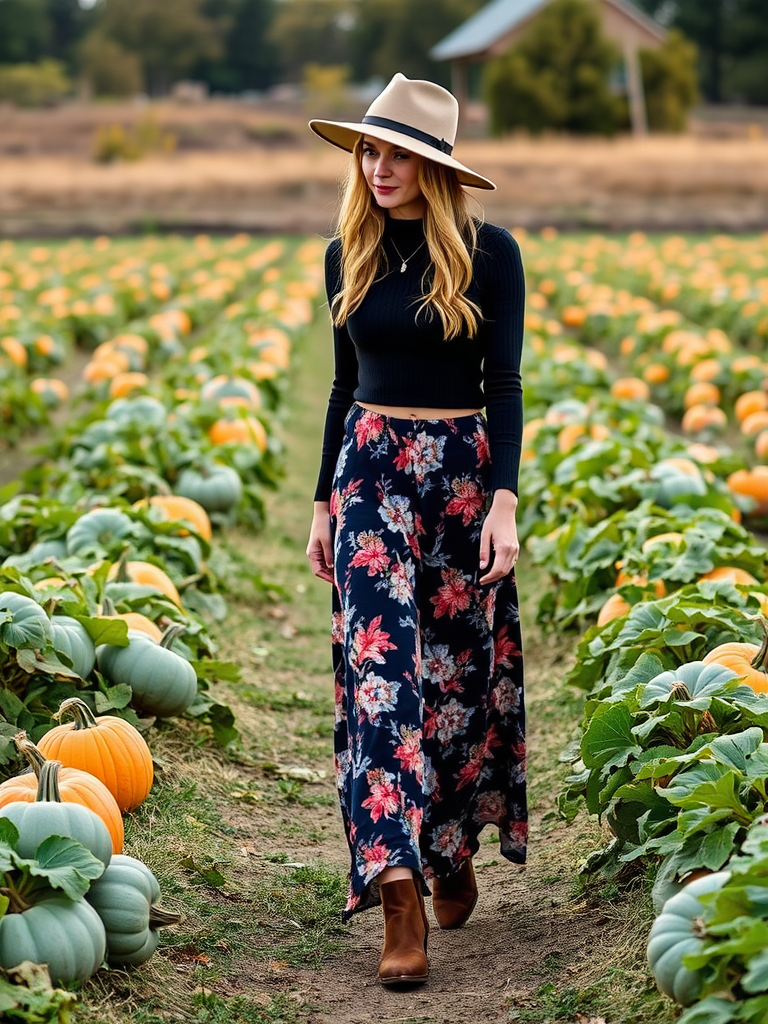 90s boho fall outfit: maxi skirt and crop top