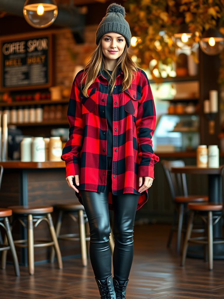 Edgy fall outfit: Oversized flannel with leather leggings