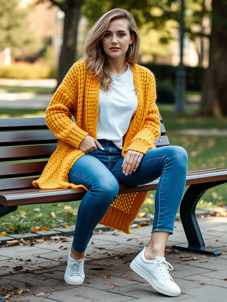 Woman in chunky cardigan and jeans for casual fall look