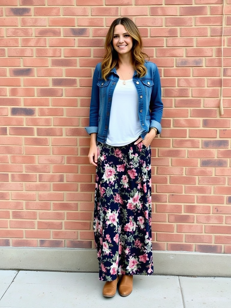 Boho fall outfit: Denim jacket with maxi skirt