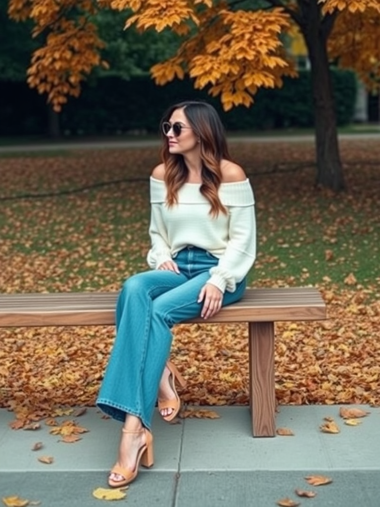 Boho fall outfit: Off-shoulder sweater with flared jeans