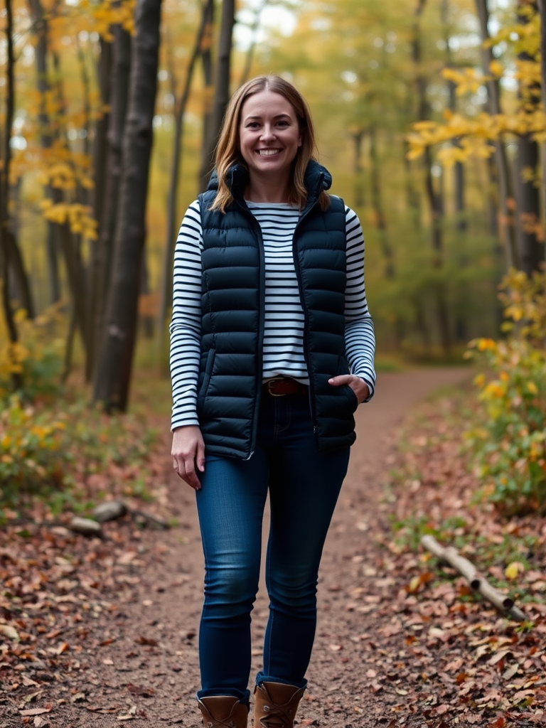 Woman in puffer vest and long-sleeve tee for outdoor fall style
