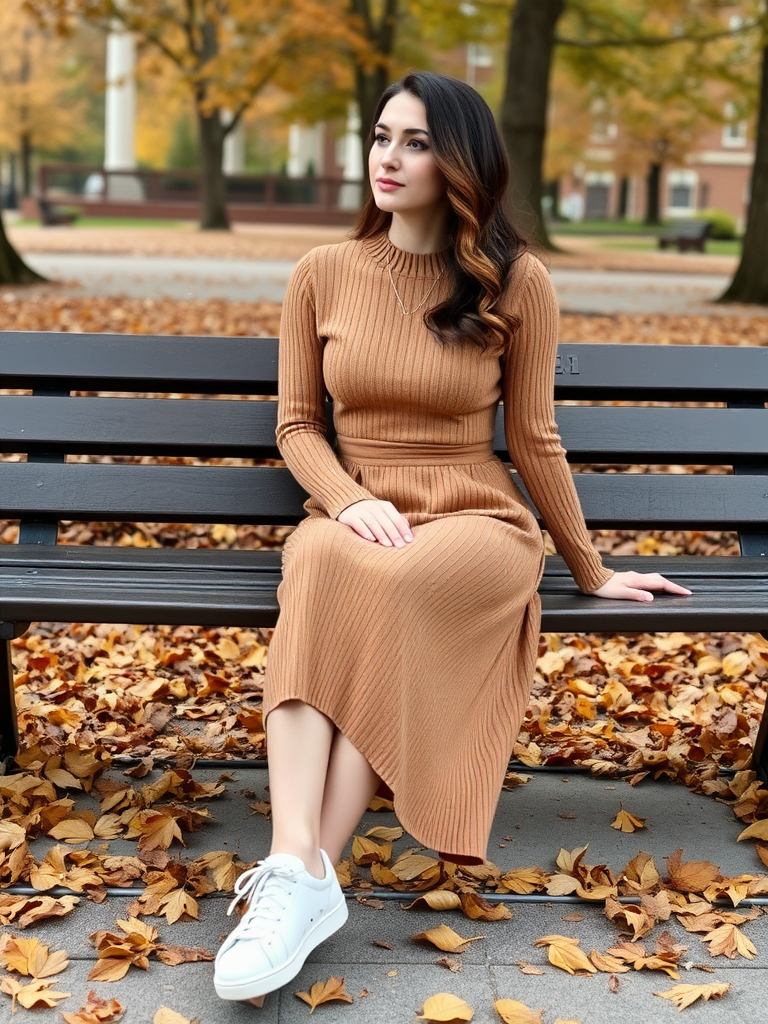 Woman in knit set for comfortable yet stylish fall outfit