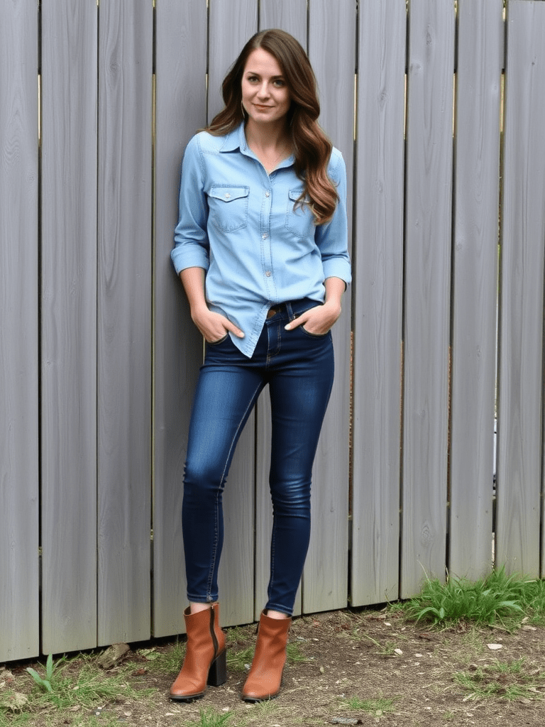 Woman in denim on denim outfit for simple fall look