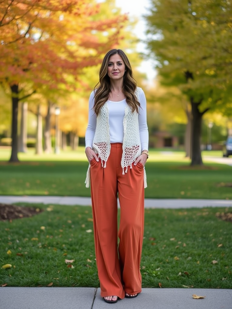 Boho fall outfit: Crochet vest with wide-leg pants